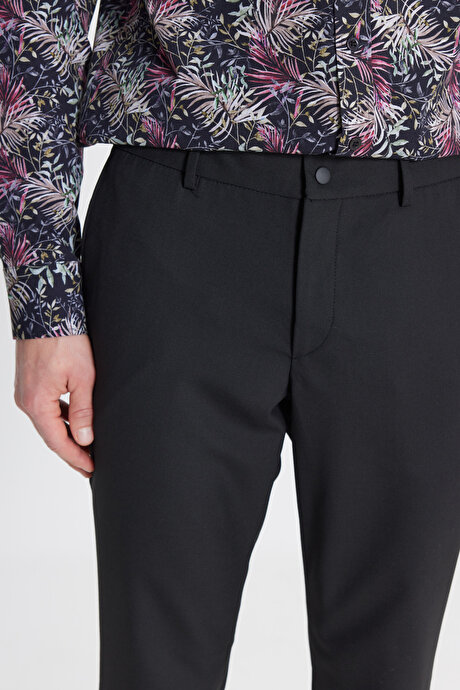 Slim Fit Dar Kesim Yünlü Yan Cepli Siyah Pantolon resmi