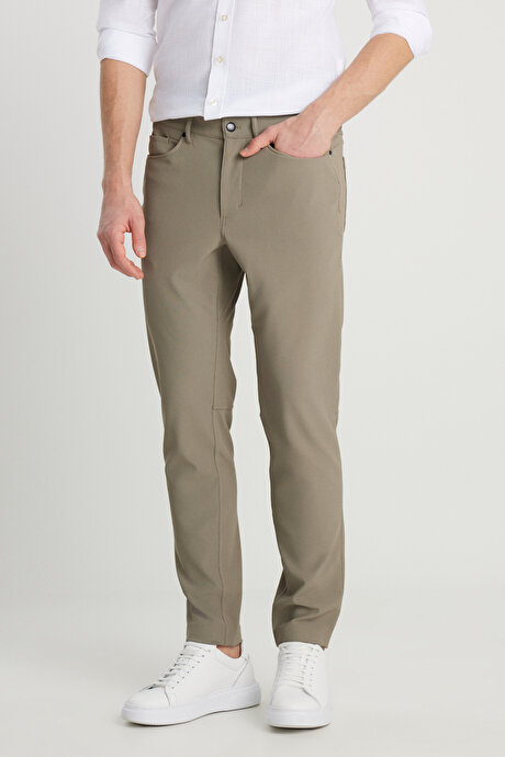 Slim Fit Dar Kesim Cepli Esnek Vizon Pantolon resmi