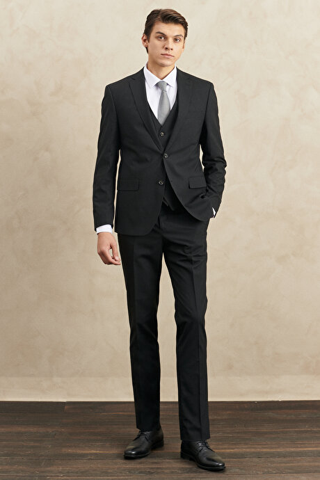 Su Geçirmez Slim Fit Dar Kesim Mono Yaka Yünlü Yelekli Nano Siyah Yelekli Takım Elbise resmi