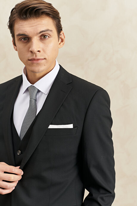 Su Geçirmez Slim Fit Dar Kesim Mono Yaka Yünlü Yelekli Nano Siyah Yelekli Takım Elbise resmi