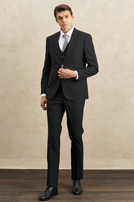 Su Geçirmez Slim Fit Dar Kesim Mono Yaka Yünlü Yelekli Nano Siyah Yelekli Takım Elbise resmi