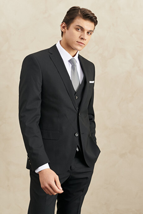 Su Geçirmez Slim Fit Dar Kesim Mono Yaka Yünlü Yelekli Nano Siyah Yelekli Takım Elbise resmi