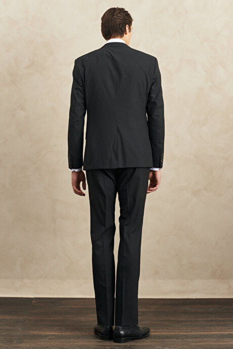 Slim Fit Dar Kesim Mono Yaka Yünlü Yelekli Siyah Yelekli Takım Elbise resmi