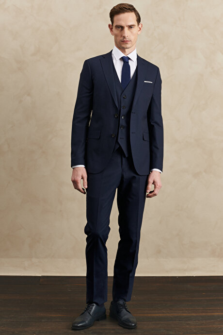 Su Geçirmez Slim Fit Dar Kesim Mono Yaka Yelekli Yünlü Nano Lacivert Yelekli Takım Elbise resmi