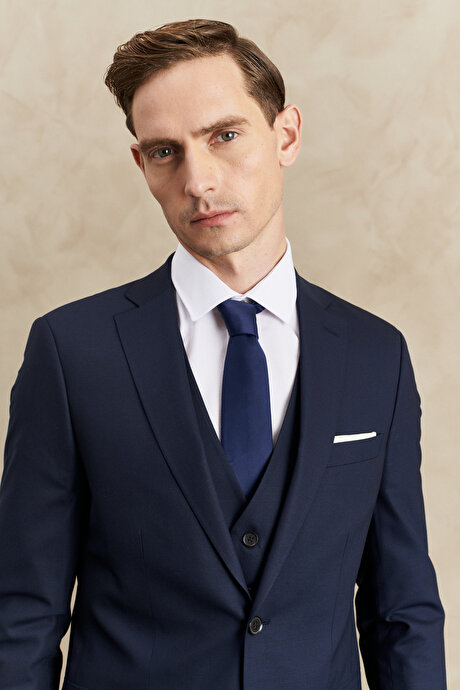 Su Geçirmez Slim Fit Dar Kesim Mono Yaka Yelekli Yünlü Nano Lacivert Yelekli Takım Elbise resmi