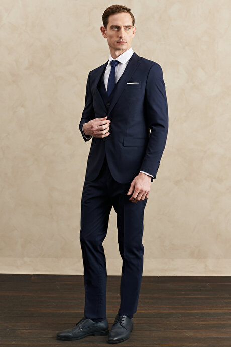 Su Geçirmez Slim Fit Dar Kesim Mono Yaka Yelekli Yünlü Nano Lacivert Yelekli Takım Elbise resmi