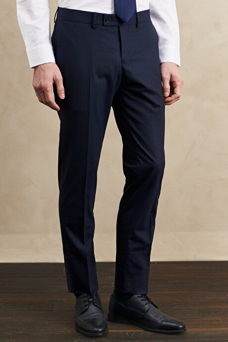 Su Geçirmez Slim Fit Dar Kesim Mono Yaka Yelekli Yünlü Nano Lacivert Yelekli Takım Elbise resmi