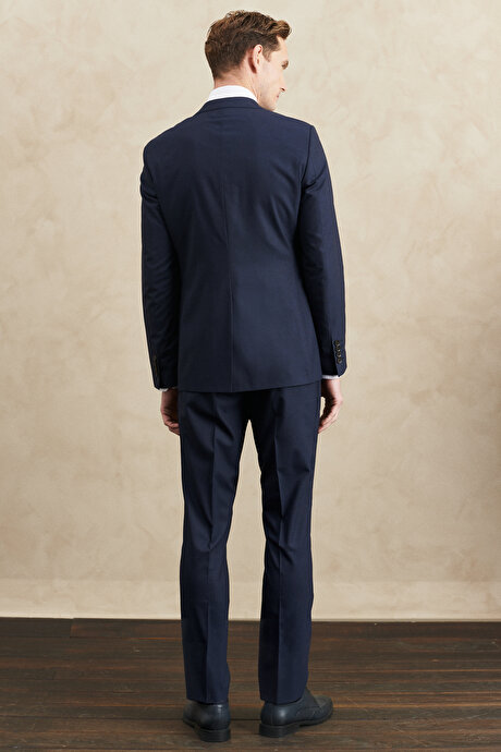 Su Geçirmez Slim Fit Dar Kesim Mono Yaka Yelekli Yünlü Nano Lacivert Yelekli Takım Elbise resmi