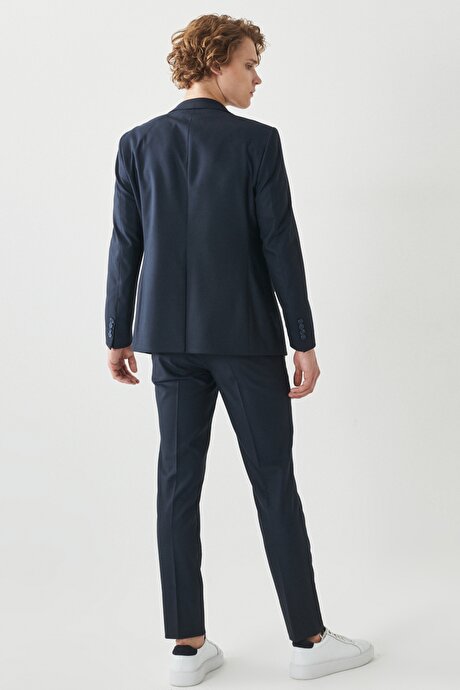 Ekstra Slim Fit Mono Yaka Düz Lacivert Yelekli Takım Elbise resmi