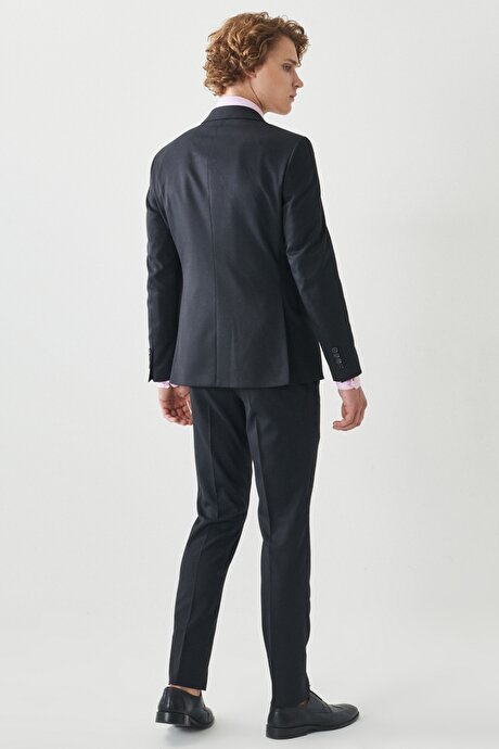 Ekstra Slim Fit Dar Kesim Kırlangıç Yaka Çizgili Siyah-Gri Yelekli Takım Elbise resmi