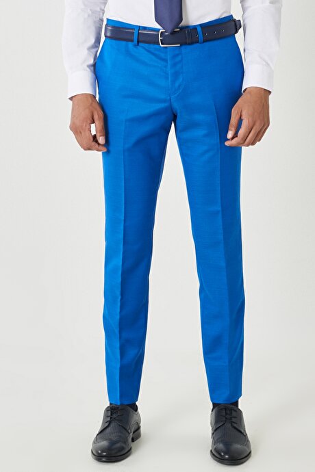 Ekstra Slim Fit Dar Kesim Mono Yaka Desenli Saks Yelekli Takım Elbise resmi