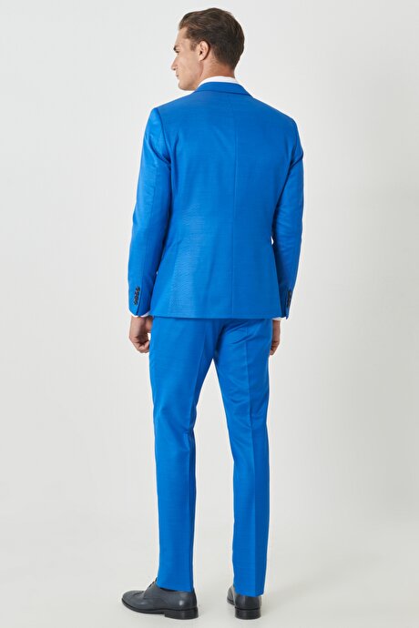 Ekstra Slim Fit Dar Kesim Mono Yaka Desenli Saks Yelekli Takım Elbise resmi