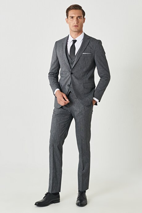 Slim Fit Dar Kesim Mono Yaka Desenli Yelekli Antrasit Yelekli Takım Elbise resmi
