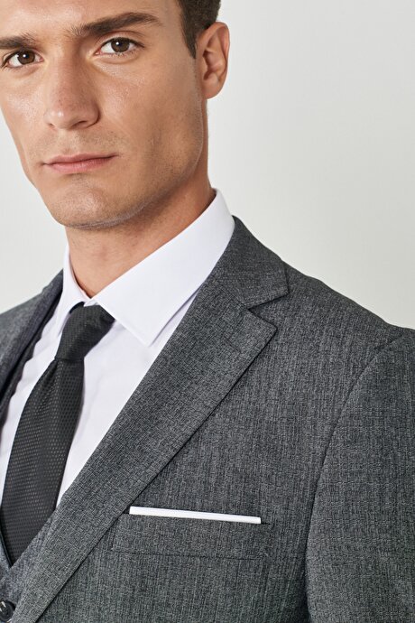 Slim Fit Dar Kesim Mono Yaka Desenli Yelekli Antrasit Yelekli Takım Elbise resmi