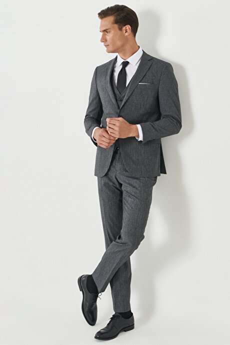 Slim Fit Dar Kesim Mono Yaka Desenli Yelekli Antrasit Yelekli Takım Elbise resmi