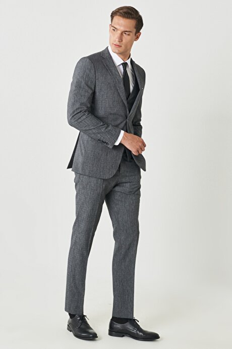 Slim Fit Dar Kesim Mono Yaka Desenli Yelekli Antrasit Yelekli Takım Elbise resmi