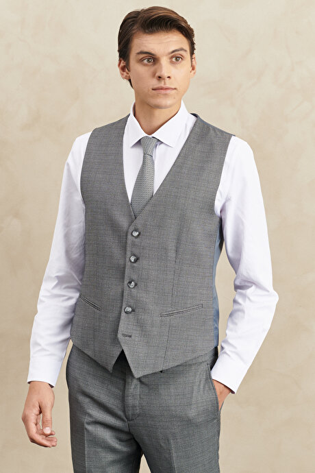 Slim Fit Dar Kesim Mono Yaka Kareli Gri Yelekli Takım Elbise resmi