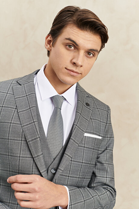 Slim Fit Dar Kesim Mono Yaka Kareli Gri Yelekli Takım Elbise resmi