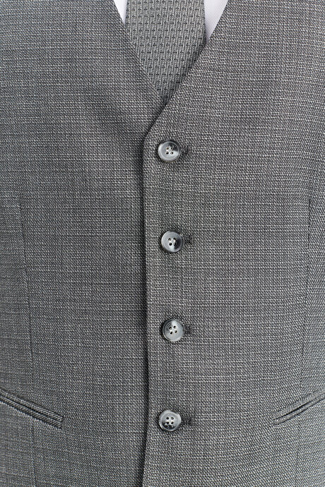 Slim Fit Dar Kesim Mono Yaka Kareli Gri Yelekli Takım Elbise resmi