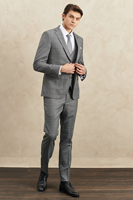 Slim Fit Dar Kesim Mono Yaka Kareli Gri Yelekli Takım Elbise resmi