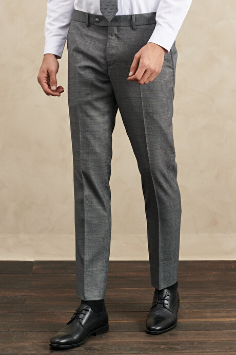 Slim Fit Dar Kesim Mono Yaka Kareli Gri Yelekli Takım Elbise resmi