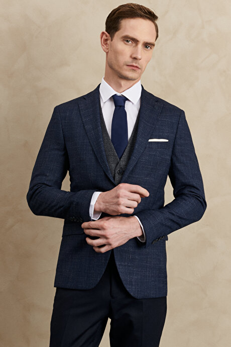 Slim Fit Dar Kesim Mono Yaka Desenli Yelekli Lacivert Yelekli Takım Elbise resmi