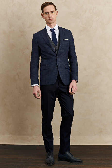 Slim Fit Dar Kesim Mono Yaka Desenli Yelekli Lacivert Yelekli Takım Elbise resmi