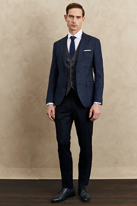 Slim Fit Dar Kesim Mono Yaka Desenli Yelekli Lacivert Yelekli Takım Elbise resmi