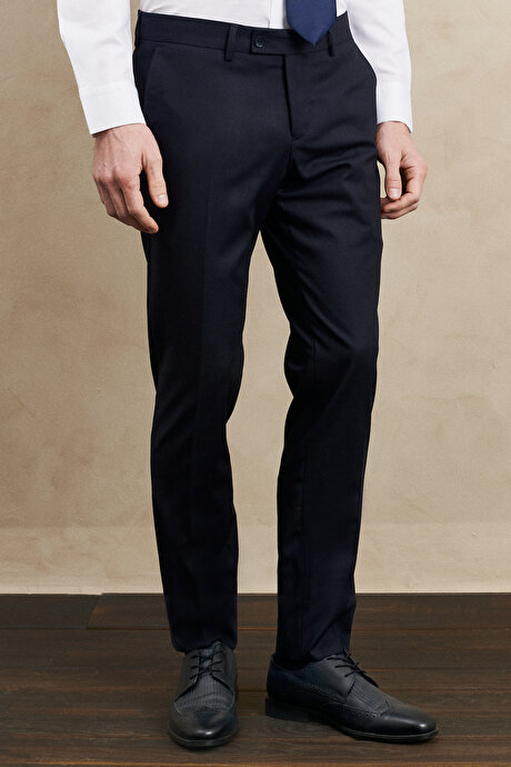 Slim Fit Dar Kesim Mono Yaka Desenli Yelekli Lacivert Yelekli Takım Elbise resmi