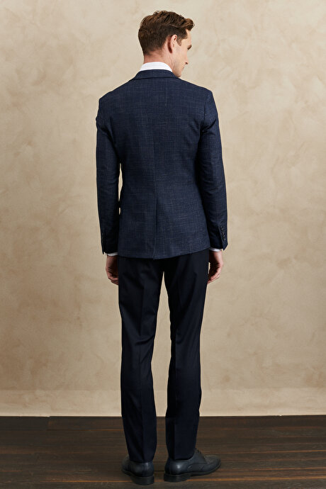 Slim Fit Dar Kesim Mono Yaka Desenli Yelekli Lacivert Yelekli Takım Elbise resmi