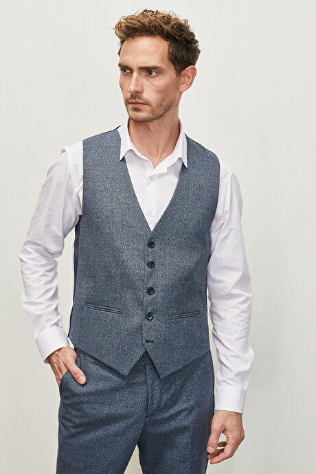 Slim Fit Dar Kesim Mono Yaka Ekose Desenli Koyu Lacivert Yelekli Takım Elbise resmi