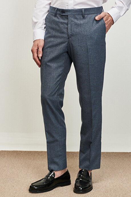 Slim Fit Dar Kesim Mono Yaka Ekose Desenli Koyu Lacivert Yelekli Takım Elbise resmi