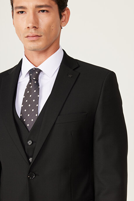 Slim Fit Dar Kesim Mono Yaka Armürlü Yelekli Siyah Yelekli Takım Elbise resmi