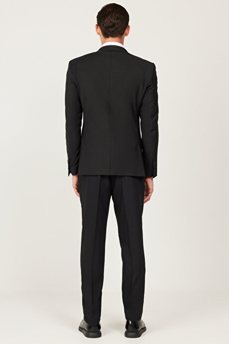 Slim Fit Dar Kesim Mono Yaka Armürlü Yelekli Siyah Yelekli Takım Elbise resmi