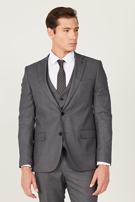 Slim Fit Dar Kesim Mono Yaka Armürlü Yelekli Antrasit Yelekli Takım Elbise resmi