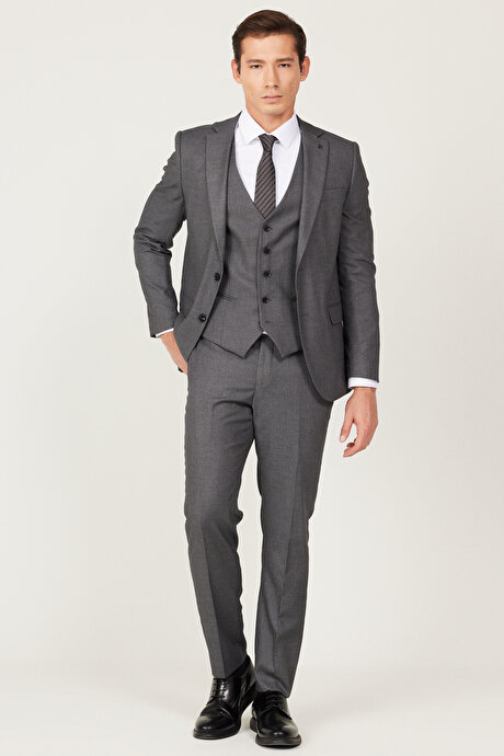 Slim Fit Dar Kesim Mono Yaka Armürlü Yelekli Antrasit Yelekli Takım Elbise resmi