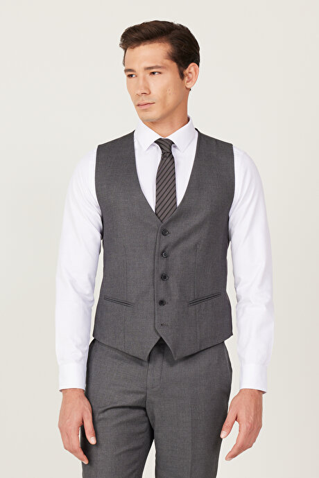 Slim Fit Dar Kesim Mono Yaka Armürlü Yelekli Antrasit Yelekli Takım Elbise resmi