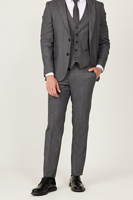 Slim Fit Dar Kesim Mono Yaka Armürlü Yelekli Antrasit Yelekli Takım Elbise resmi