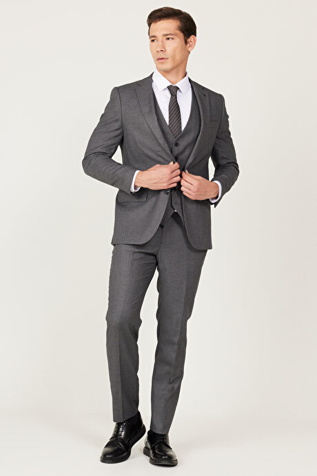 Slim Fit Dar Kesim Mono Yaka Armürlü Yelekli Antrasit Yelekli Takım Elbise resmi