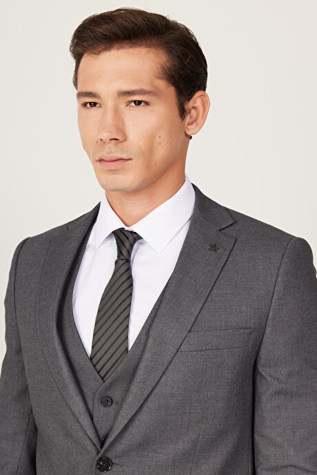 Slim Fit Dar Kesim Mono Yaka Armürlü Yelekli Antrasit Yelekli Takım Elbise resmi