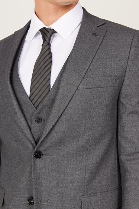 Slim Fit Dar Kesim Mono Yaka Armürlü Yelekli Antrasit Yelekli Takım Elbise resmi