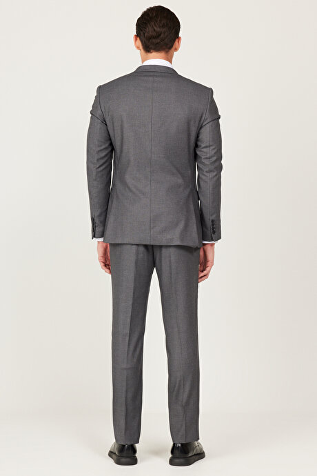 Slim Fit Dar Kesim Mono Yaka Armürlü Yelekli Antrasit Yelekli Takım Elbise resmi
