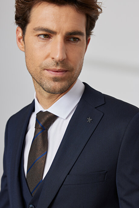 Slim Fit Dar Kesim Mono Yaka Desenli Yelekli Koyu Lacivert Yelekli Takım Elbise resmi