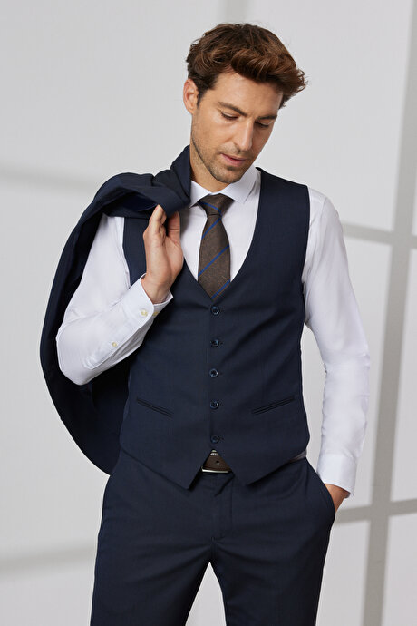 Slim Fit Dar Kesim Mono Yaka Desenli Yelekli Koyu Lacivert Yelekli Takım Elbise resmi