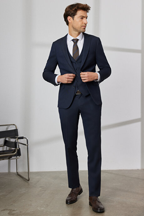 Slim Fit Dar Kesim Mono Yaka Desenli Yelekli Koyu Lacivert Yelekli Takım Elbise resmi