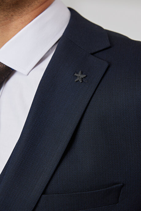 Slim Fit Dar Kesim Mono Yaka Desenli Yelekli Koyu Lacivert Yelekli Takım Elbise resmi