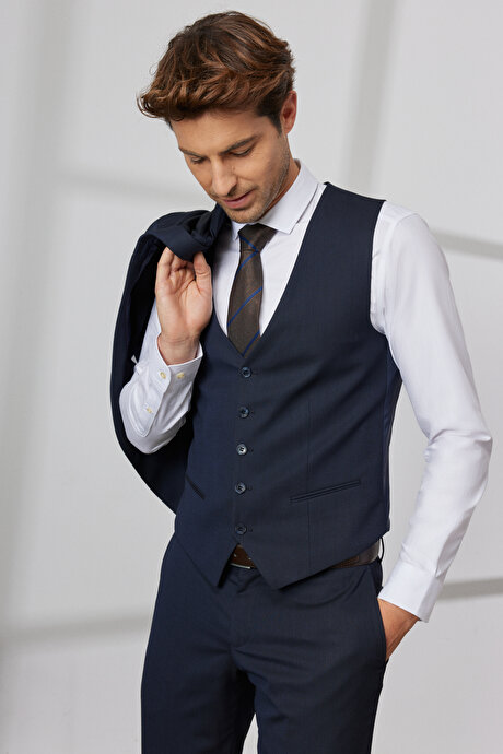 Slim Fit Dar Kesim Mono Yaka Desenli Yelekli Koyu Lacivert Yelekli Takım Elbise resmi