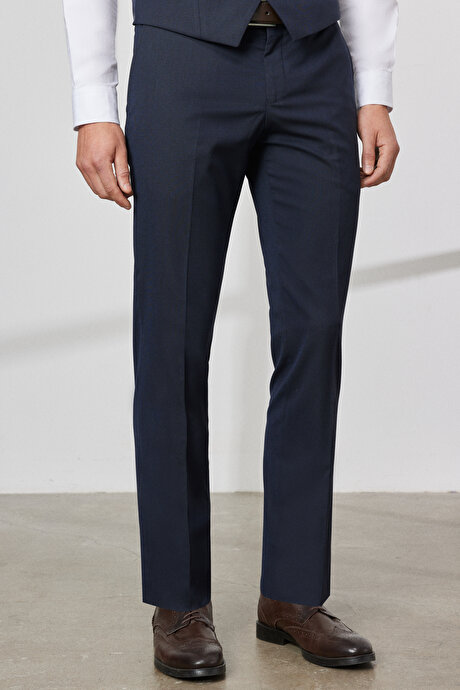 Slim Fit Dar Kesim Mono Yaka Desenli Yelekli Koyu Lacivert Yelekli Takım Elbise resmi