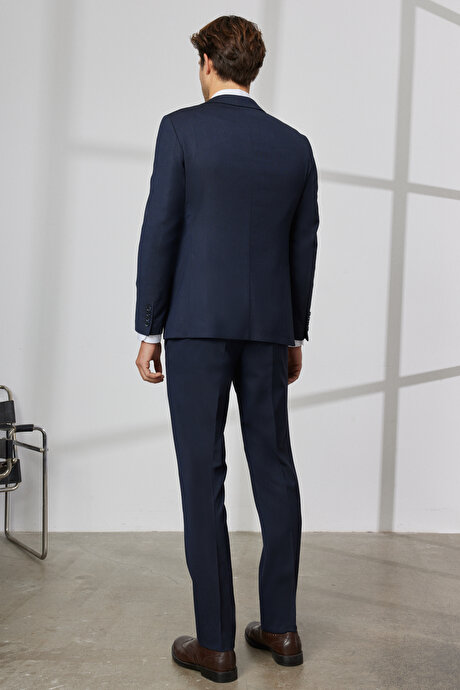 Slim Fit Dar Kesim Mono Yaka Desenli Yelekli Koyu Lacivert Yelekli Takım Elbise resmi