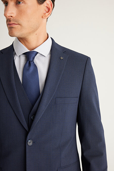 Recycle Slim Fit Dar Kesim Mono Yaka Kareli Yelekli Koyu Lacivert Yelekli Takım Elbise resmi